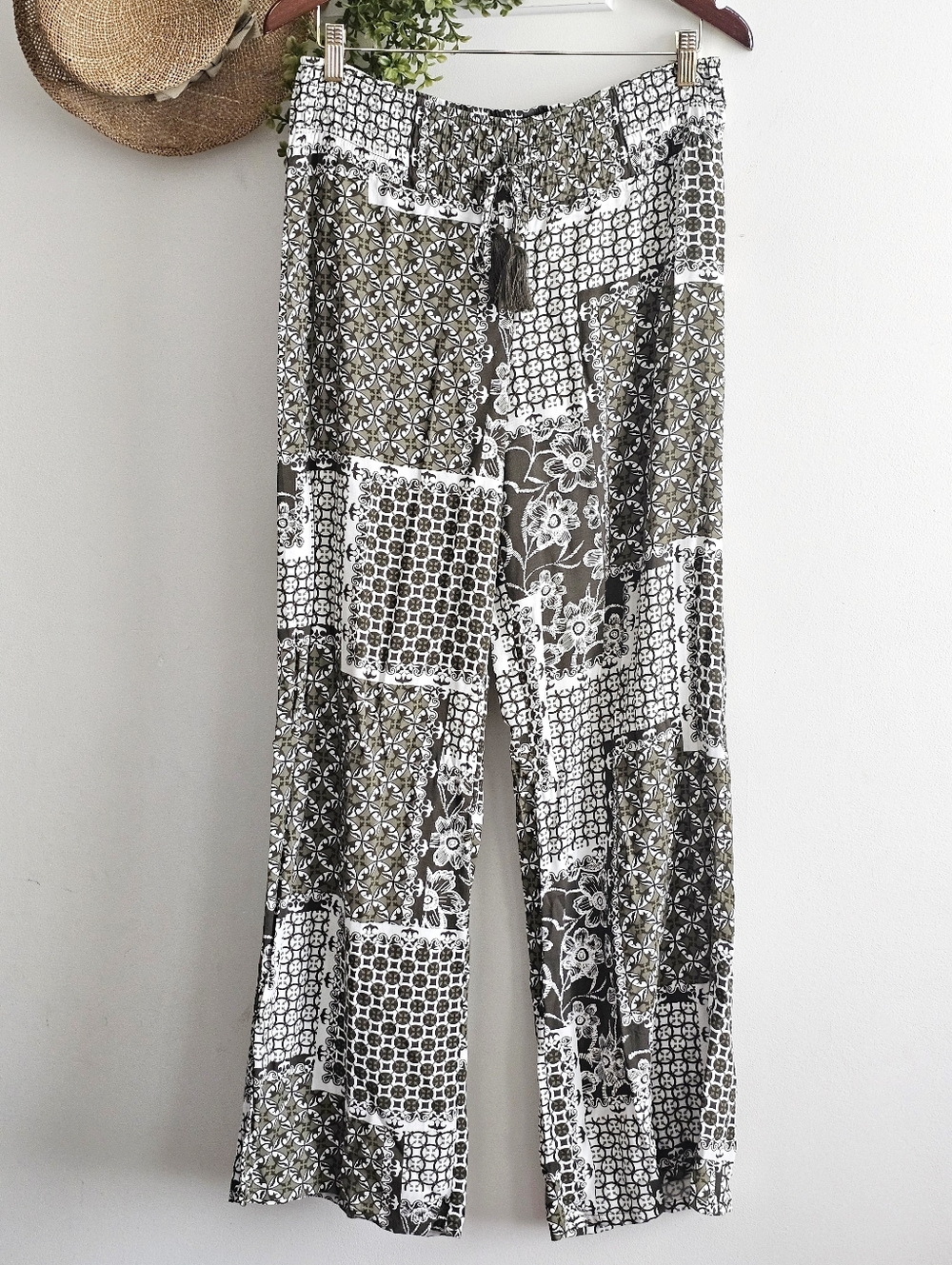 C Est. 1946 Patchwork Boho Wide Leg Pants Tassel Tie Waist Rayon M